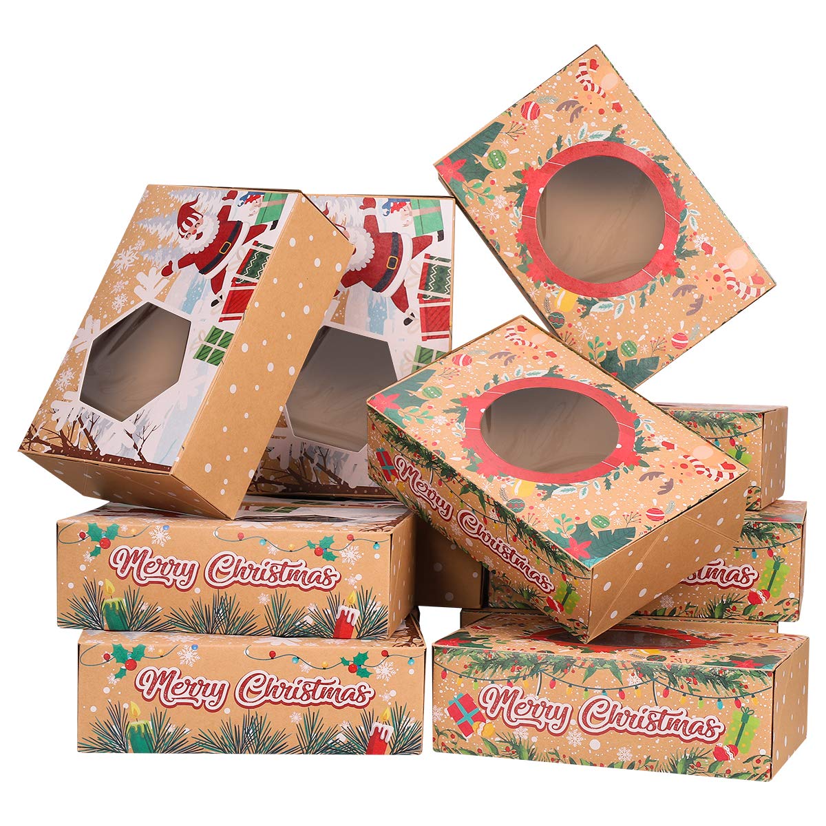 Cabilock Christmas Cookie Boxes Kraft 12 Pack Large Christmas Boxes Xmas Bakery Treat Boxes Doughnut Gift Boxes with Window for Gift Giving Packaging Holiday Christmas Food