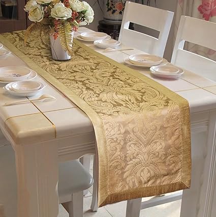 Lushomes Gold Pattern 3 Jacquard Table Runner With Polyester Border (Size: 16X72), Single Piece