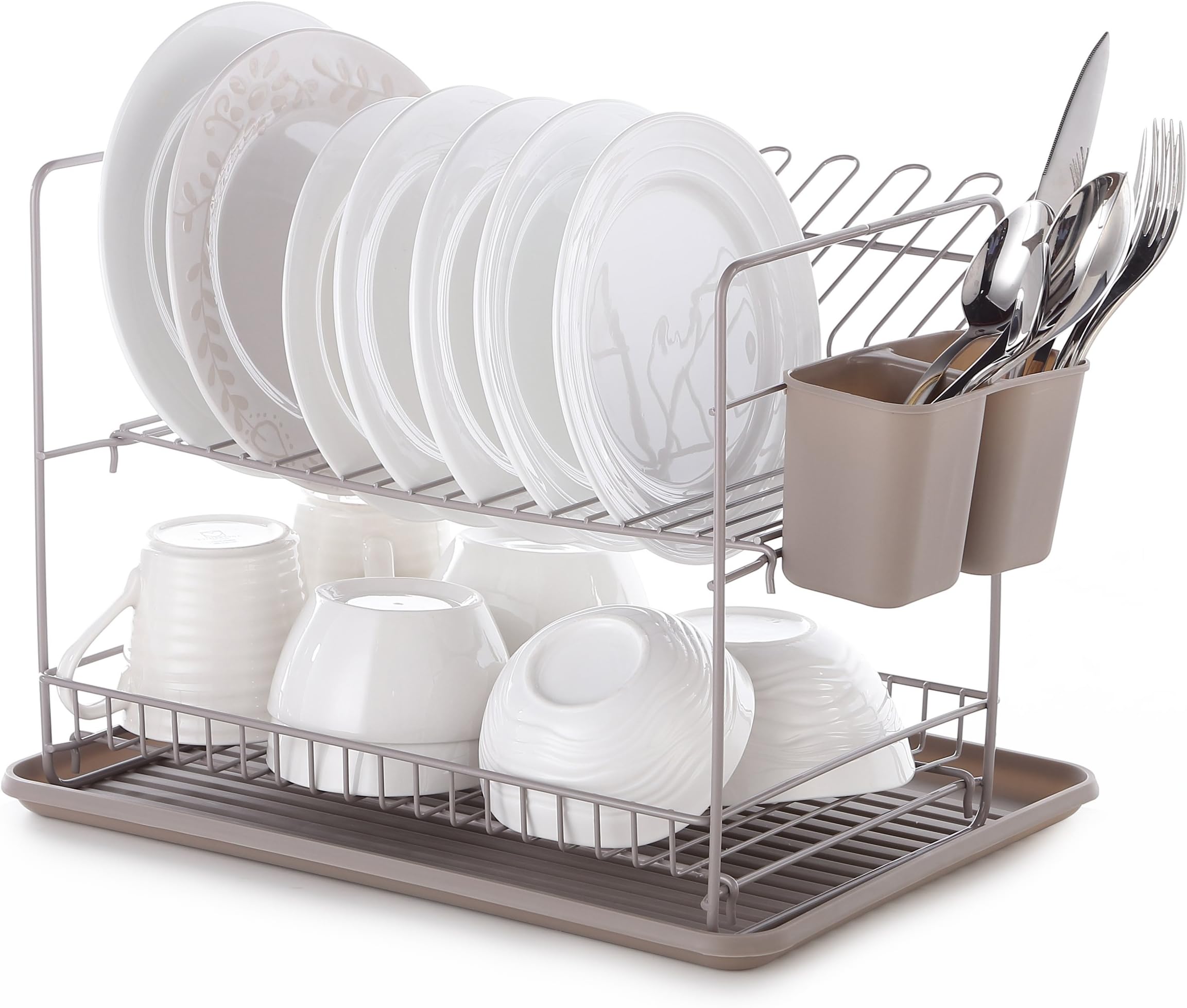 Lyndan - Folding 2 Tier Dish Rack Drainer with Drip Tray - Warm Grey