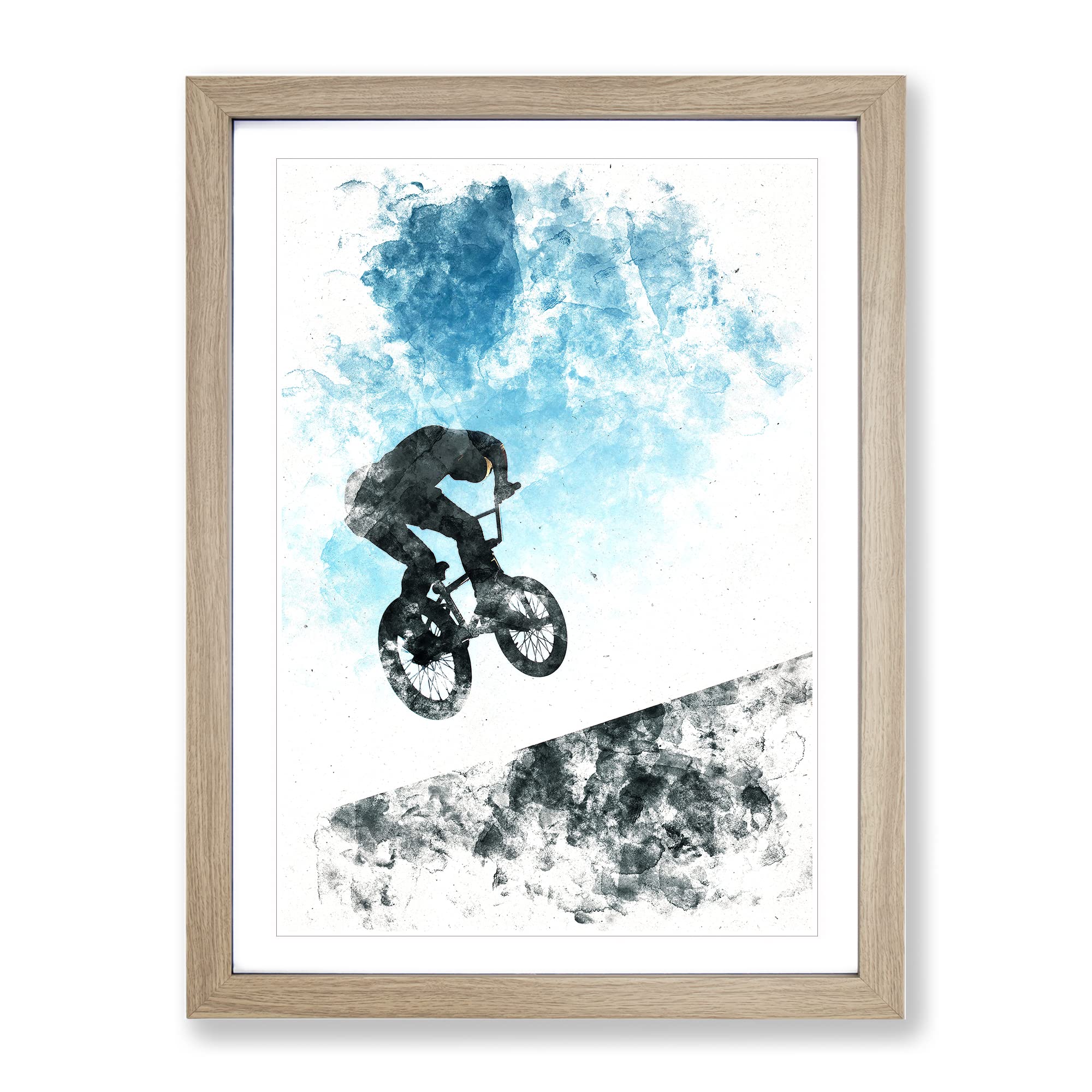 Bmx Jump Watercolour Modern Framed Wall Art Print, Ready to Hang Picture for Living Room Bedroom Home Office Décor, Oak A4 (34 x 25 cm)