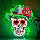 Sneignon Day of the Dead Neon Sign - Mexican Sugar Skull LED Neon Light for Home & Bar Decor,UV Printed Art with Flexible LED Strip,Halloween & Día de Muertos Party Decoration(green)