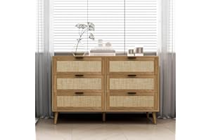 HAYIODDA Rattan Dresser 6 Drawer for Bedroom, Wood Boho Wide Dresser & Chest of Drawers with Metal Handles & Pine Wood Legs for Living Room, Entryway, Walnut