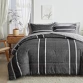 FlySheep 3 Pcs Boho Striped Comforter Set Full Full/Queen Size, White Striped on Black Dark Grey Soft Microfiber Reversible Bedding Set for All Season