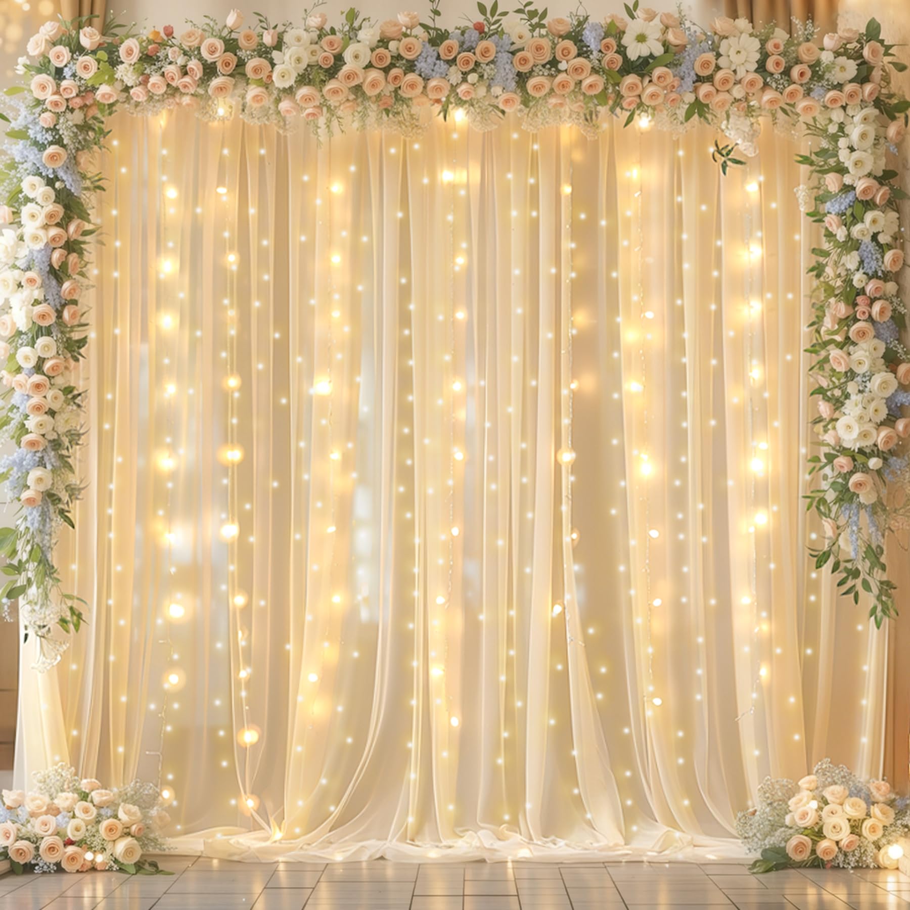 Photo 1 of 10x10ft Champagne Backdrop Curtains with Lights Wrinkle Free Chiffon Backdrop Curtain for Wedding Birthday Party Baby Shower Photo Shoot Bridal Shower Home Party Background Decorations