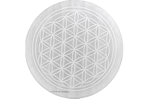 Amazing Gemstone Selenite Crystal Charging Plate for Crystals and Healing Stones, 4" Selenite Crystal Plate Engraved Flower of Life Coaster for Home, Office Table Decor (Selenite Round Disc)
