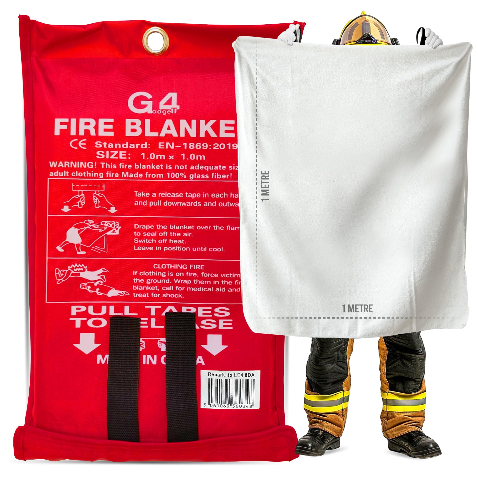 G4GADGET Emergency Fire Blanket - 1 Pack - Large 1m x 1m Fire Suppression Blanket with Loops for Kitchen, Home, Office, Garage, and Caravan - Wall Mountable Fiberglass Fire Blanket