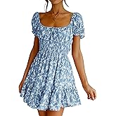 Imily Bela Womens Summer Dress Ruffle Sleeve Sqaure Neck Smocked Sun Dress Casual Boho Beach Floral Mini Dress
