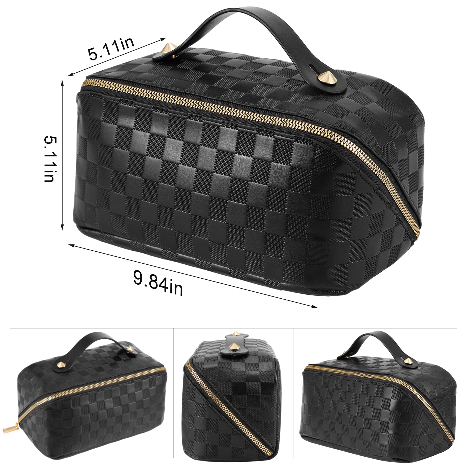 ALEXTINA Large Capacity Travel Cosmetic Bag - Portable Makeup Bags for Women Waterproof PU Leather Checkered Makeup Organizer Bag with Dividers and Handle,Toiletry Bag for Cosmetics