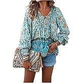 GORGLITTER Women's Bishop Long Sleeve Peasant Blouses Dressy Floral Boho Tie Front Tops 70s Babydoll Mexican Tunic Shirt