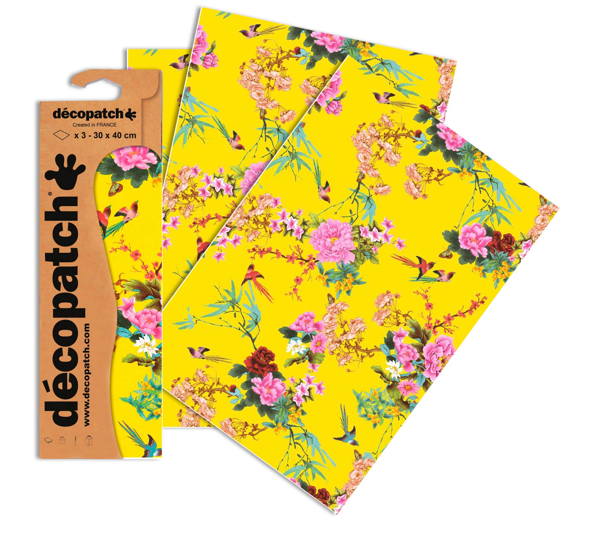 Décopatch Bright Yellow Floral Paper, 30x40cm (Pack of 3 sheets)