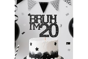 SACGUGUBER Black Glitter Bruh I'm 20 Birthday Cake Topper, Funny Happy Birthday Decorations for Boys Girls 20th Birthday Party Cake Decorations Supplies