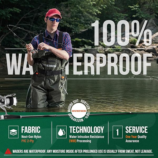HUNTSEN FISHING WADERS FOR MEN WOMEN – 2-PLY NYLON/PVC WATERPROOF BOOTFOOT CHEST WADERS FOR HUNTING WITH BOOT HANGER & WATERPROOF PHONE CASE & REINFORCED NEOPRENE KNEES GREEN SIZE M10