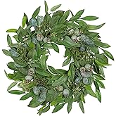 Briful 24" Artificial Greenery Wreath for Front Door, Fake Magnolia Leaf Silk Wreath with Berries, Outdoor Faux Eucalyptus Wreaths for Spring & Summer Home Room Window Patio Farmhouse Décor