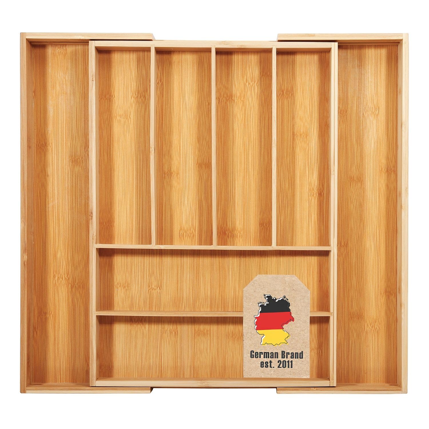 INTIRILIFE Cutlery tray drawer organizer bamboo with 8 compartments extendable