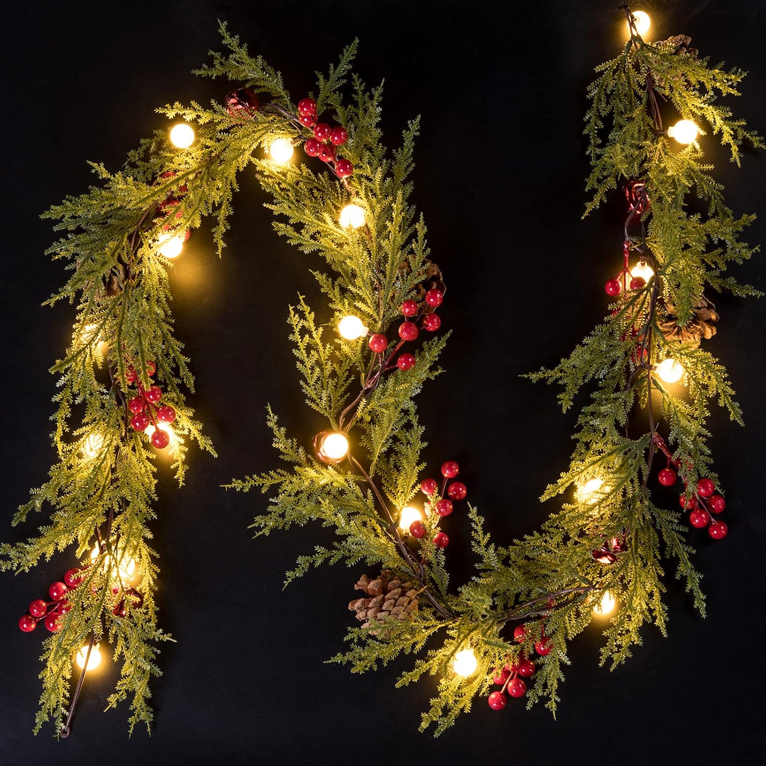 Wreaths, Garlands & Swags - Quntis 2 Pack Christmas Garland with Globe Lights, 5.7FT 20 LED Red Berry Garland Christmas Decorations PineCones Bells, Artificial Xmas Garland for Door Mantel Fireplace Table Holiday Indoor Outdoor