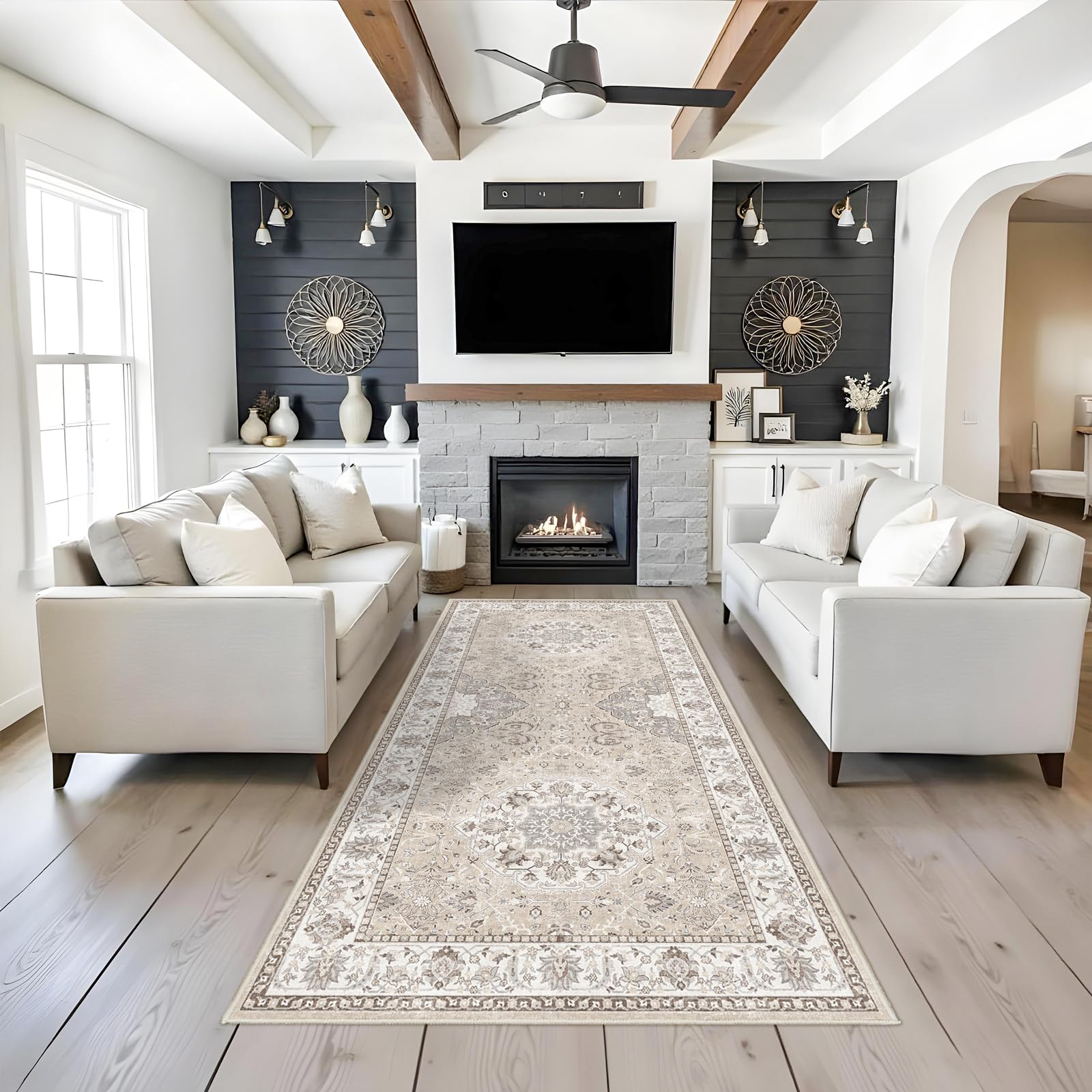 Washable 4x8 Hallway Runner Rug: Vintage 8ft Soft Runners for Entry Kitchen Wide Non Slip Low Pile Carpet for Living Room Bedroom Thin Water Resistant Carpet for Bathroom Dining Room Foyer(Beige,4x8) Image