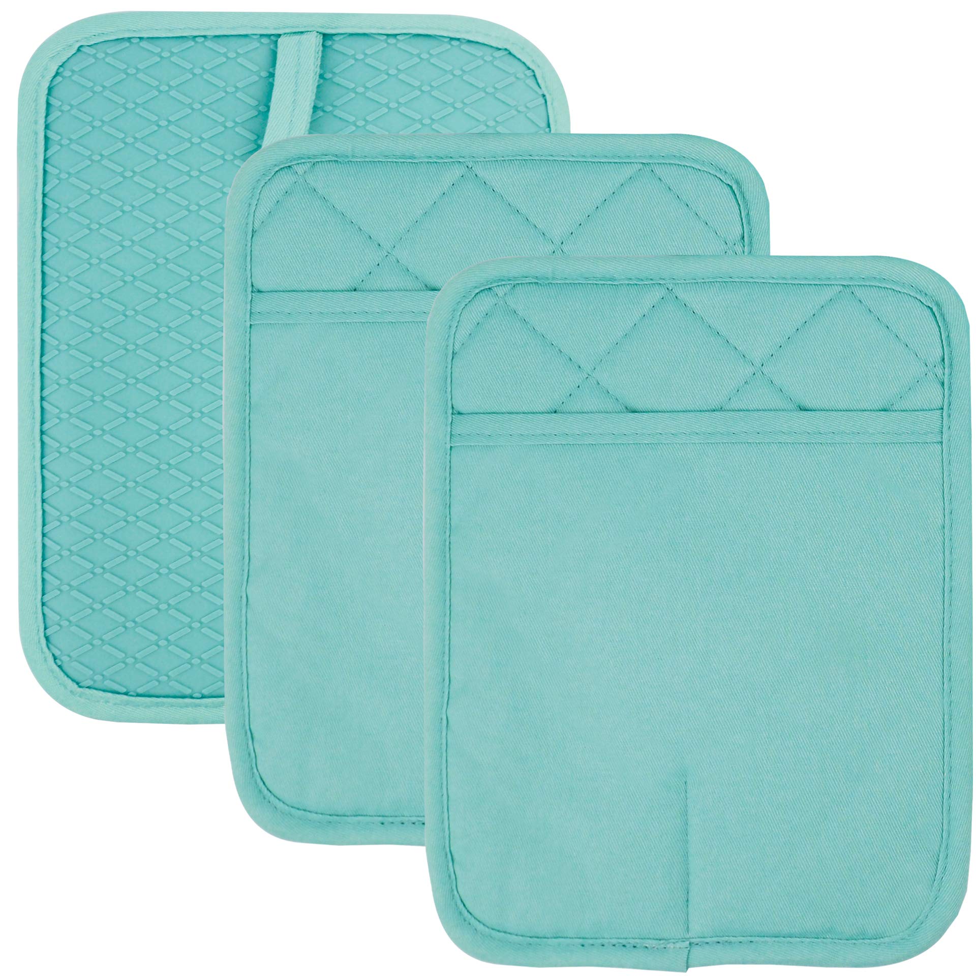 Pot Holders Yarn-Dyed Set of 3 Non Slip Silicone Kitchen Lines Heat Resistant 500℉ Kitchen Gloves BBQ Cooking Baking Cooking Barbecue Microwave Machine Washable (Light Blue Potholders)