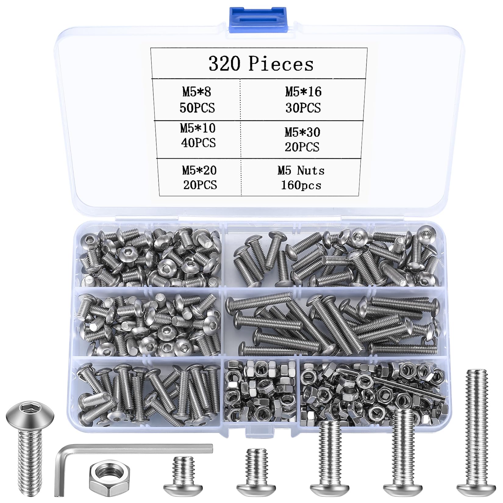 320 Pcs M5 Bolts Set, Hex Socket Button Head Cap Screws Bolts and Nuts Set, M5 Nuts and Bolts Set, Stainless Steel Round Head Hex Socket Head Cap Machine Screws, Pan Head Furniture Bike Bolts Set