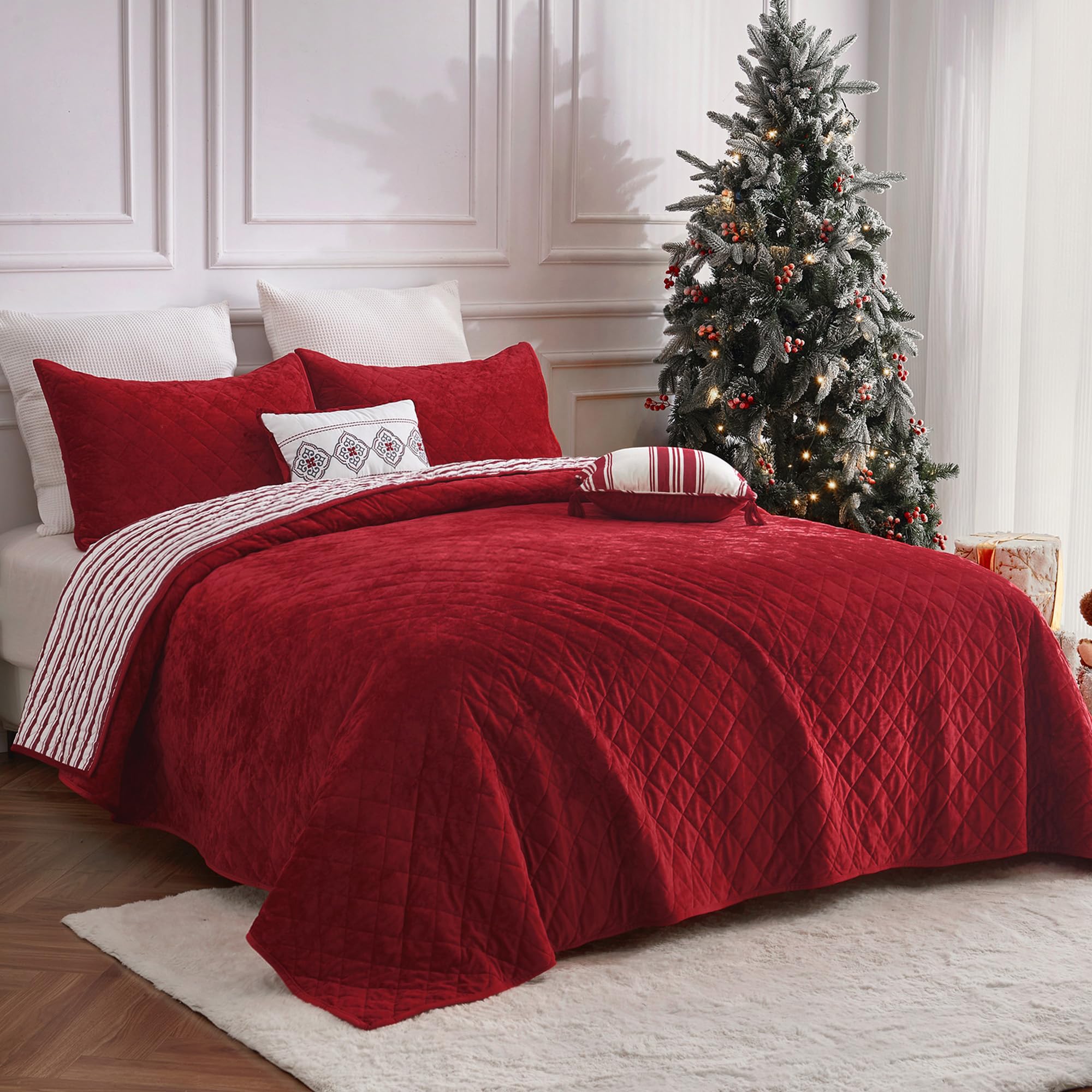 Photo 1 of ***COMFORTER & SMALLER MATCHING PILLOWS ONLY*** Wonderful Christmas Bedding, Luxury Red Velvet Quilt Set Queen Size, 5 Piece Striped Cotton Lightweight Comforter Set, Farmhouse Soft Reversible Coverlet Bedding Set with Matching Shams for All Season