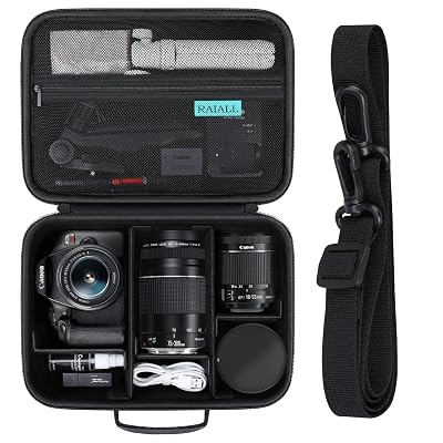 RAIALL Camera Case for Canon EOS Rebel T7/R50/R50V/R100/R6 Mark II/R5/ R8/R10/RP/R7/Sony/Nikon D7500 DSLR Camera, Lens, Tripod, Hard Protective Travel Bag with a Shoulder Strap and 5 Dividers, Black