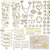 132 Pcs Junk Socks Charms Kit, Brooches and Pins for Women, Shoe Charms with Pearl Safety Pins and Brooch Buttons, Teen Girl DIY Accessories for Decorating Socks, Sneakers, Clothes (Golden)