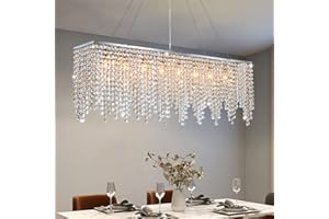 7PM Rectangular Chandelier Modern Crystal Pendant Light Chrome Hanging Lighting Fixture for Dining Room Kitchen Island Length 40"