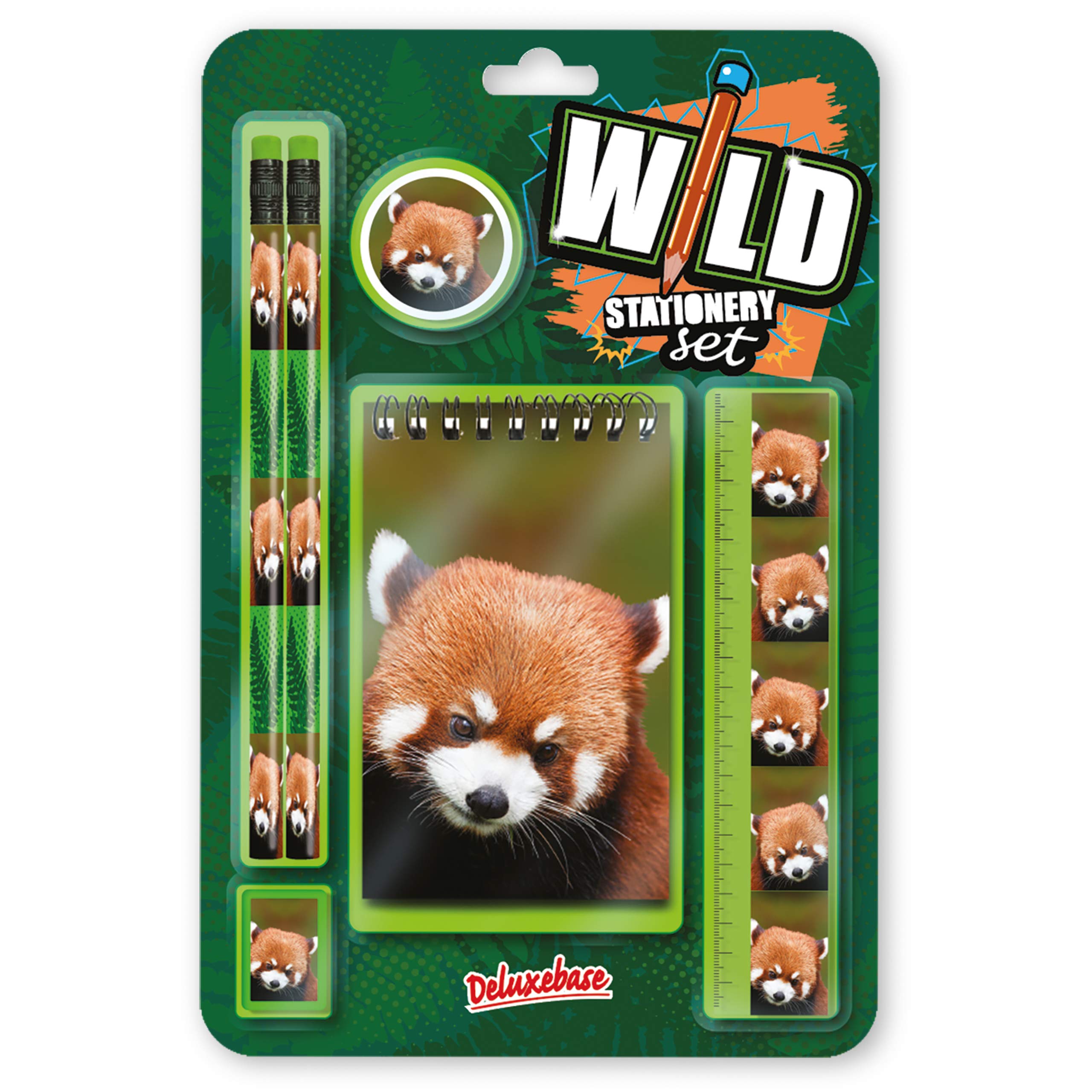 Deluxebase Wild Stationery Set – Red Panda, 6 Piece School Supplies Set including Notebook, 2 Pencils, Ruler, Pencil Eraser and Sharpener, Fun Animal Stationery Gifts for Kids and Students.