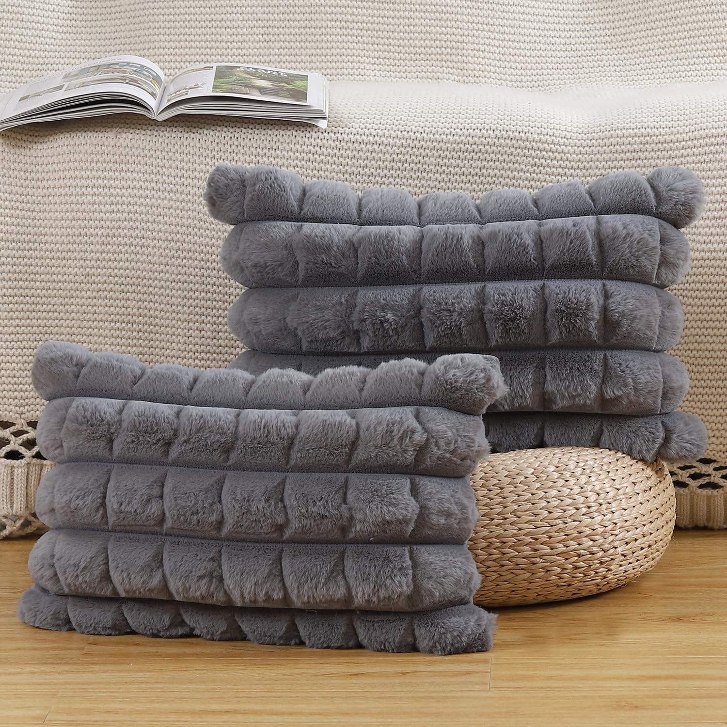 Madizz Faux Wool Grey Cushion Covers 12x20 Inch, 30x50 cm, Set of 2 Super Soft Boho Throw Pillow Covers Decorative Textured Throw Pillows for Sofa Bedroom