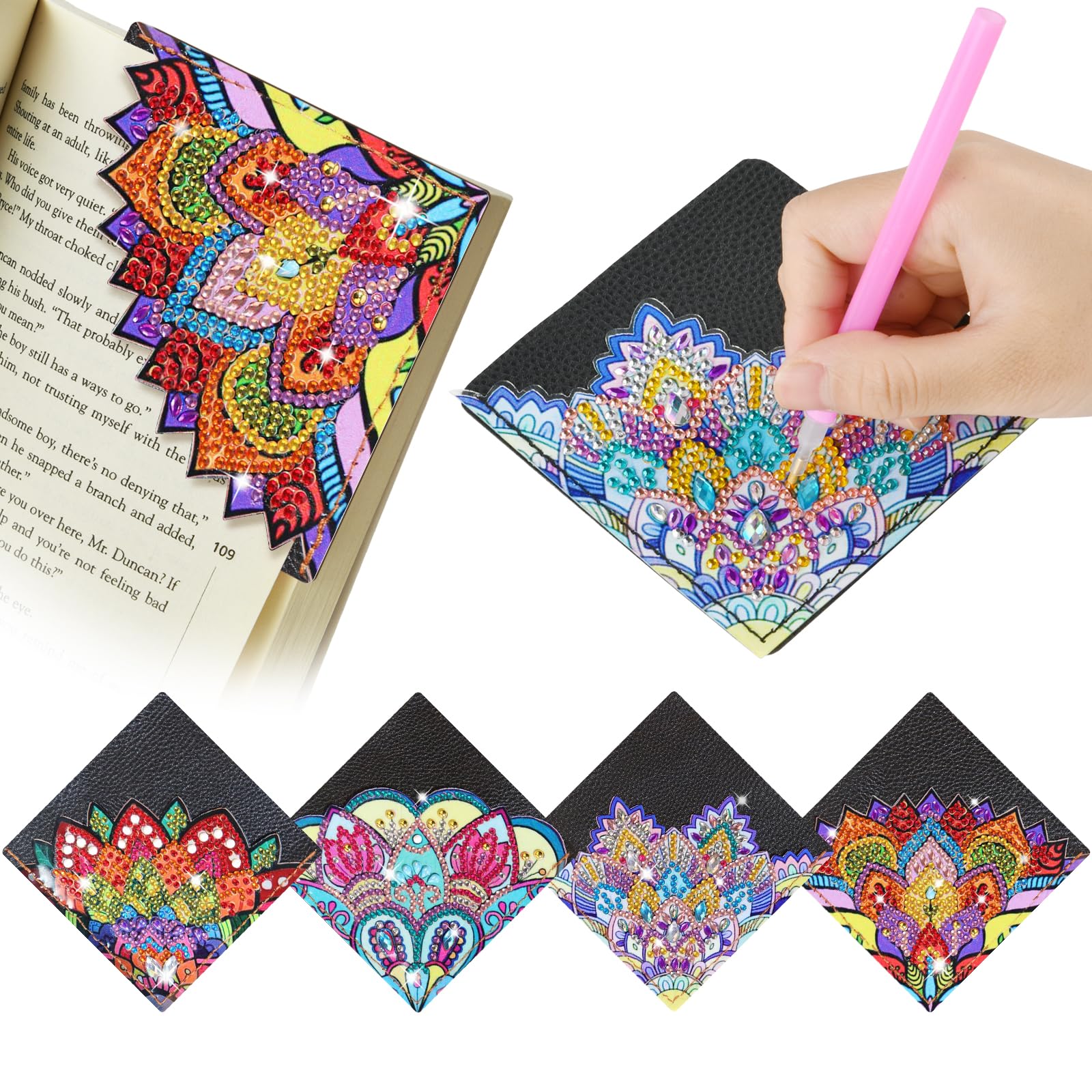 AUAUY 4 PCS Diamond Art Painting Bookmarks, 5D DIY Diamond Art Book Corner Page Bookmark Making Kit, Lotus Crystal Set for Book Lovers Gifts, Home Office School Beginner Reading Crafts for Adults Kids