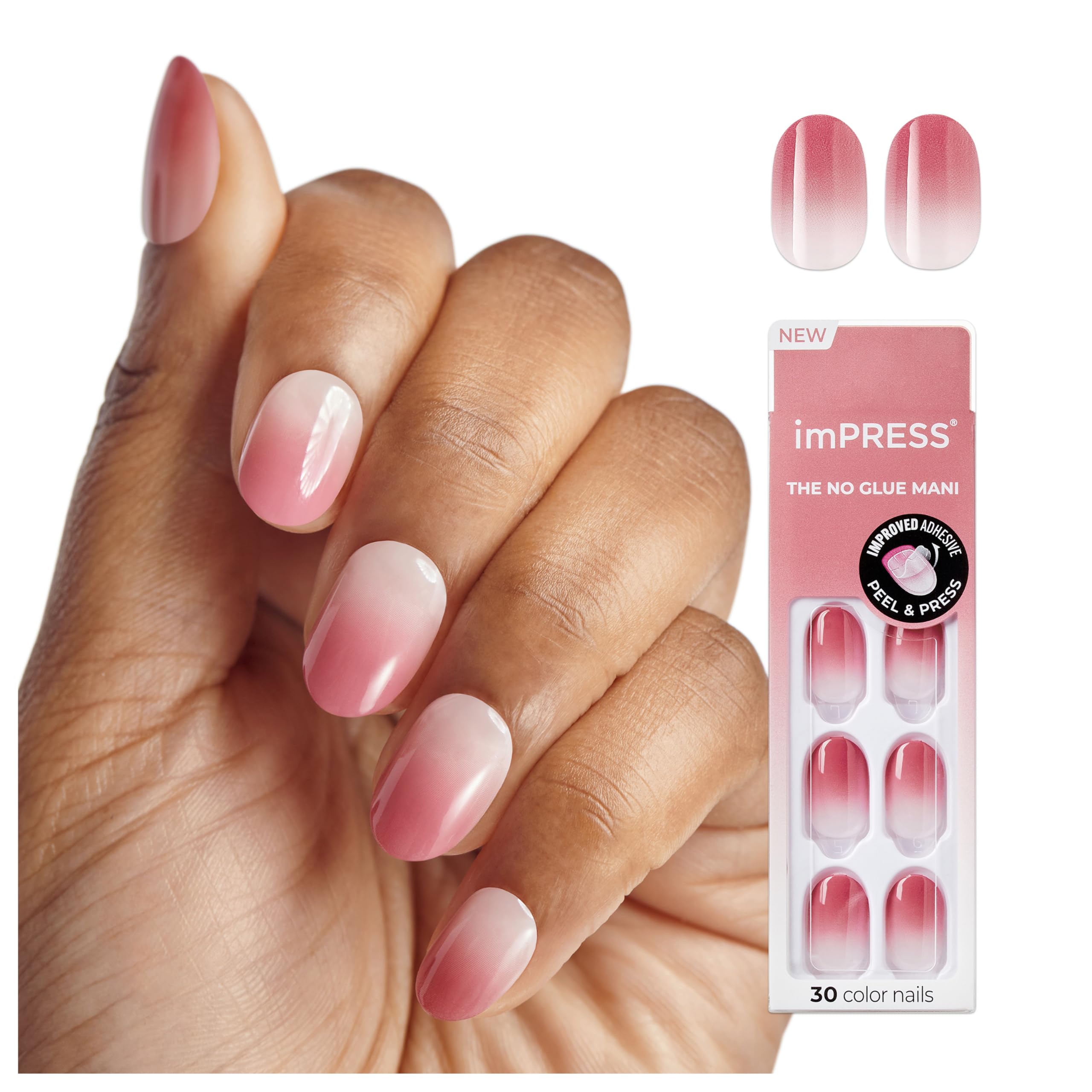 imPRESS Color Ombre Press On Nails, 'Beat The Heat', Pink, Short Oval, PureFit Technology, Patented Super Hold Adhesive, Chip Proof, Smudge Proof, Mini Nail File, Manicure Stick & 30 Fake Nails