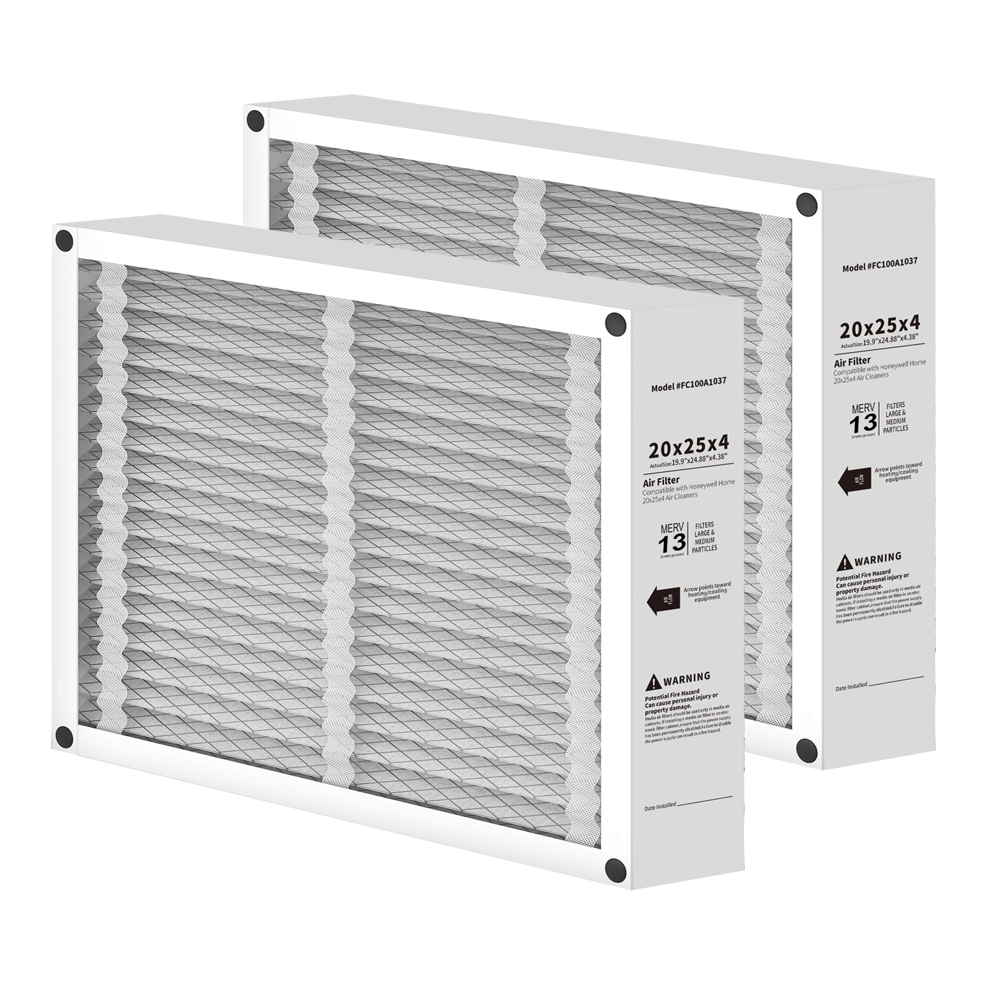 Photo 1 of 2 Pack 20x25x4 Air Filter Replacement Compatible with Honeywell FC100A1037 Pleated HVAC, MERV 13 Furnace Filter, Foldable Design (Actual Size: 19.94 x 24.88 x 4.38 Inches)