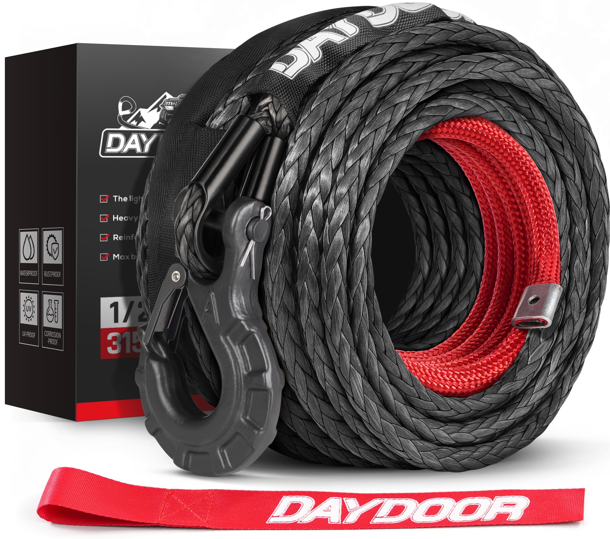 Photo 1 of **MINOR DAMAGE (FRAYED MATERAIL)** DAYDOOR Synthetic Winch Rope, 1/2 Inch x 92ft 31,500 LBS Synthetic Winch Line, Synthetic Winch Cable for Offroad Vehicle 4WD SUV Jeep Truck, Synthetic Rope with Forged Winch Hook(Gray)