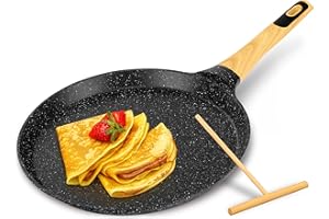 NutriChef 9.45” Non-Stick Crepe Pan with Wooden Spreader, Durable Marble Coated Dosa Pan, Bakelite Handle and Induction Botto