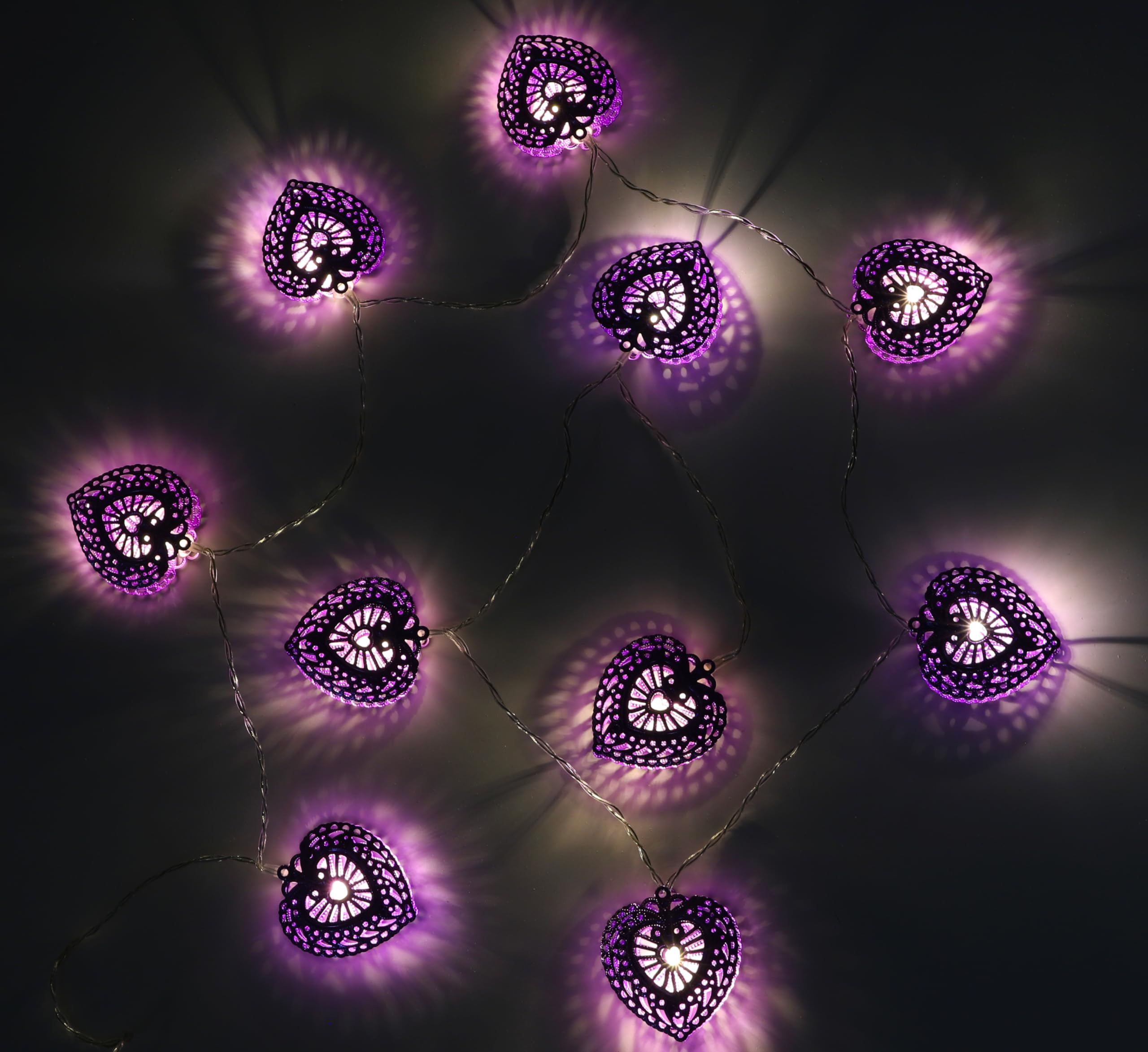 Christmas Concepts® 10 Warm White LED Metal Filigree Purple Heart Shaped Lights - Christmas Lights