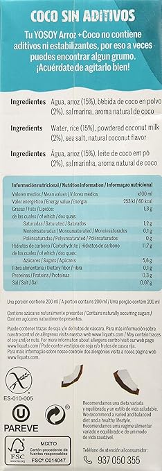 YOSOY Bebida de Arroz con Coco 1L [caja de 6 x 1L]: Amazon.es: Alimentación y bebidas
