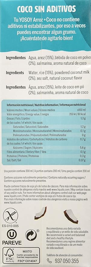 YOSOY Bebida de Arroz con Coco 1L [caja de 6 x 1L]: Amazon.es: Alimentación y bebidas