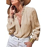 Astylish Womens Lace Trim V Neck Button Down Blouse Casual Ruffle Long Sleeve Elegant Trendy Tops Work Brunch Shirt
