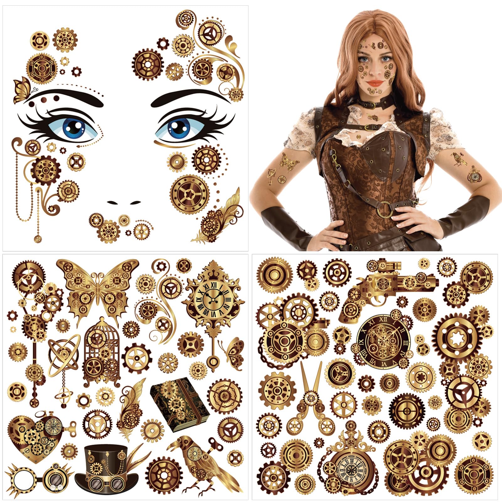 HOWAF 3 PCS Halloween Face Tattoos Steampunk Temporary Tattoos Stickers for Steampunk Costume Carnival Halloween Costume Women Men