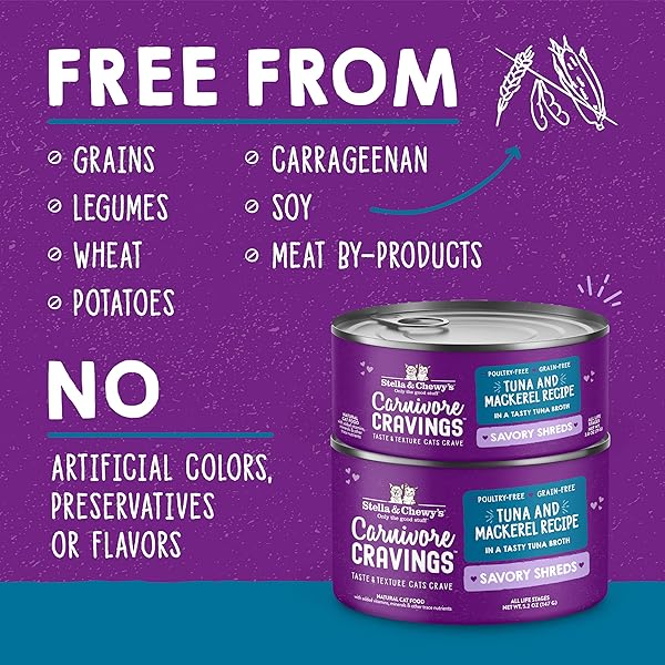 STELLA & CHEWY’S CARNIVORE CRAVINGS SAVORY SHREDS – WET CAT FOOD – HIGH-MOISTURE FORMULA WITH PREMIUM WILD-CAUGHT TUNA & MACKEREL – PERFECT FOR PICKY EATERS – 5.2 OZ, 8 COUNT