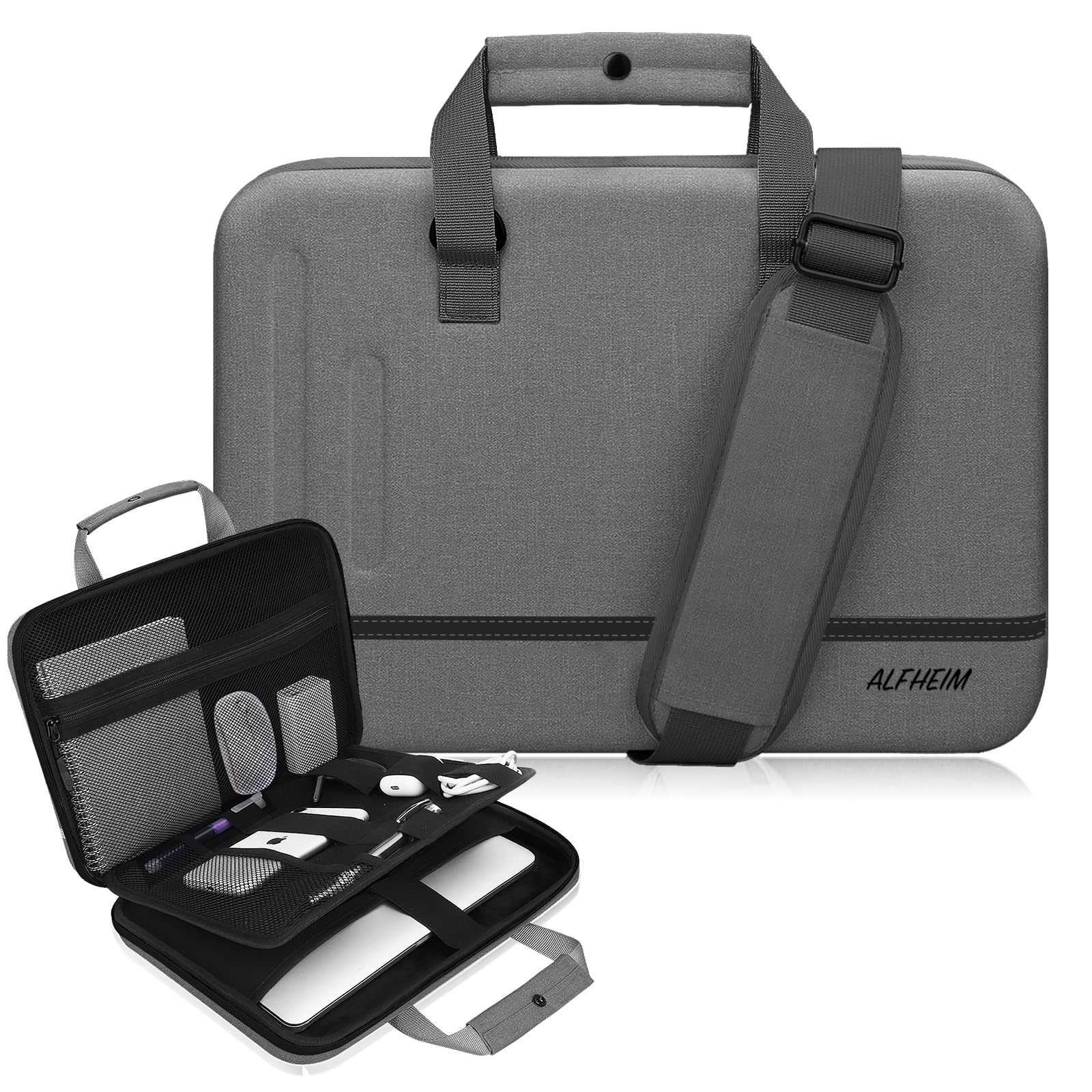 Alfheim 13-14/14.2 inch Hard Shell Laptop Case Sleeve with Shoulder Strap Waterproof Shockproof Protective Carrying Case for Laptop, Compatible with 13.3’’ 14.2’’ MacBook Pro A2442(Gray)