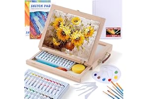 AOTEMOON Wooden Tabletop Art Easel for Painting, 54 Pieces Starter Acrylic Paint Set with 24 Colors Acrylic Paints, Canvases, Sketch Pads, Brushes and Palette for Adults Teens Kids Beginners
