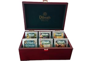 DILMAH Luxury wooden tea presenter, server display, 60 foil enveloped teabags Included, 6 assorted flavors, gift of tea or tea service at hotels, office, restaurants, coffee bars, deli, 6 slot display