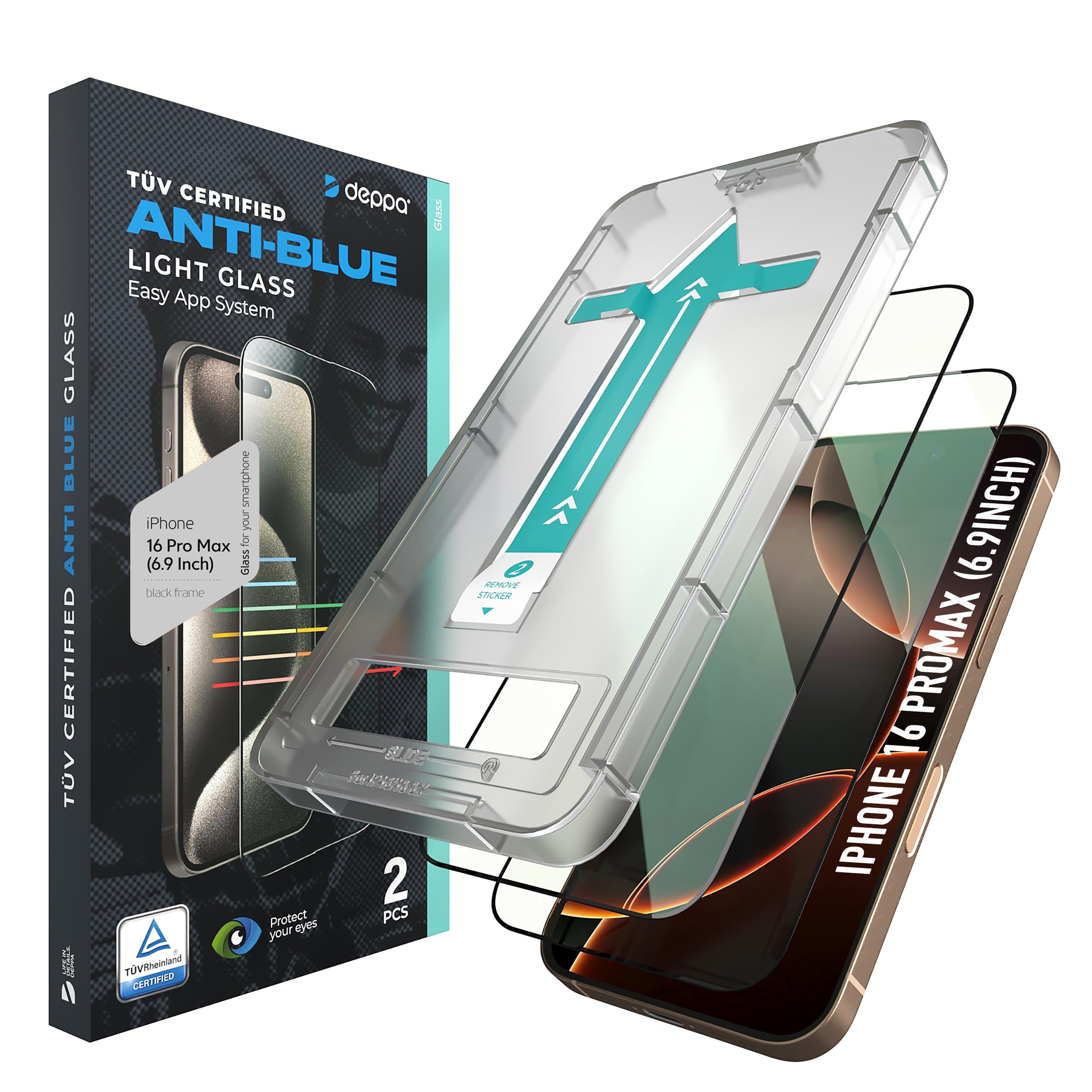 Photo 1 of Deppa |2 Pack| for iPhone 16 Pro Max (6.9") Anti-Blue Light Screen Protector | Scratch Resistant Tempered Glass | 3D Edge to Edge Coverage | Easy Installation Kit | Eye Safeguard TÜV Certified
