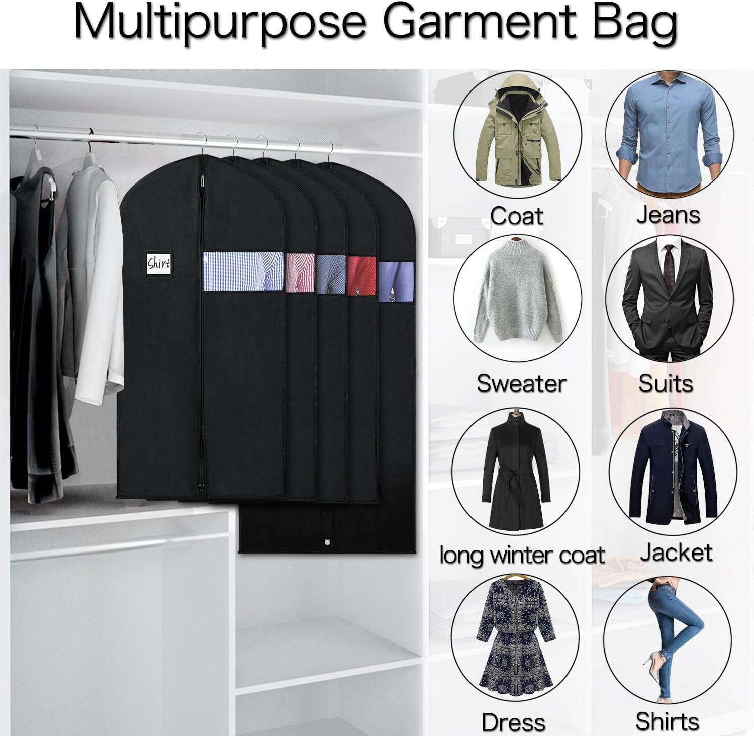 Zilink Black Garment Bags for Storage and Travel 43/50 INCH Anti-Moth Protector Suit Cover with Clear Window for Suit Jacket Shirt Coat Dresses (Pack of 5): Home & Kitchen