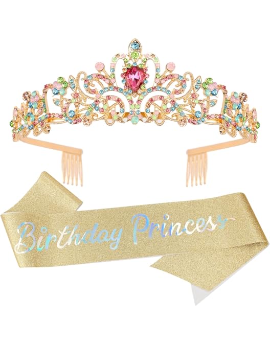 CAVETEE Princess Crown And Birthday Princess Sash, Birthday Tiara With &ndash
