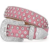 WERFORU Western Rhinestone Leather Belt,Cowgirl Cowboy Bling Belt For Jeans With Silver Vintage Western Buckle