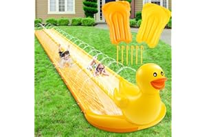 Foilswirl 20ft 3D Duck Slip Water Slide Double Lane Lawn Water Slides 3 Sided Safe Fence Heavy Duty Inflatable with 2 Bodyboards and Sprinkler for Boy Girl Outdoor Backyard Play