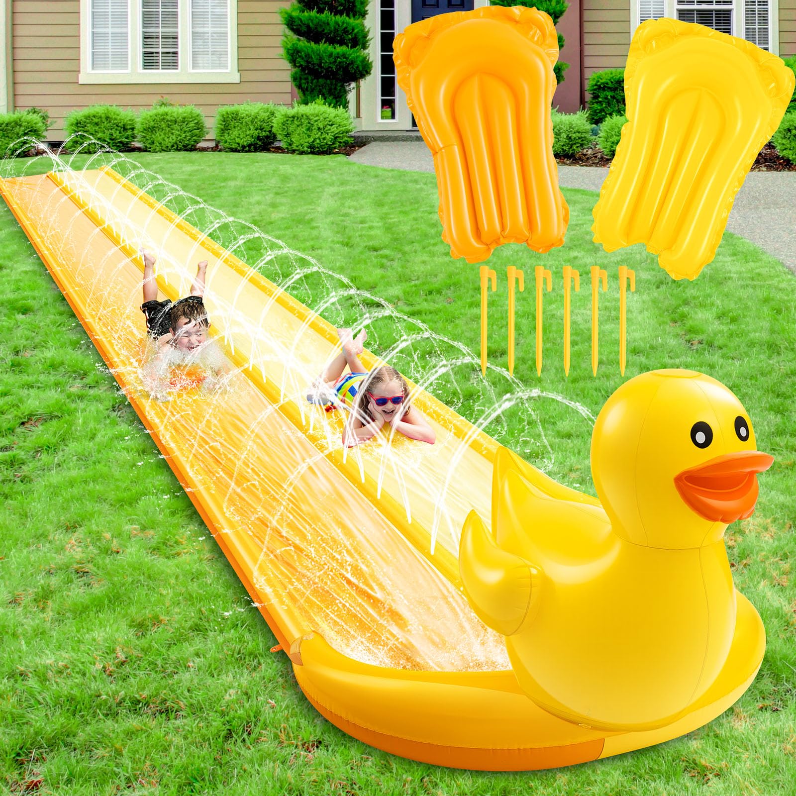 Photo 1 of Foilswirl 20ft 3D Duck Slip Water Slide Double Lane Lawn Water Slides 3 Sided Safe Fence Heavy Duty Inflatable with 2 Bodyboards and Sprinkler for Boy Girl Outdoor Backyard Play