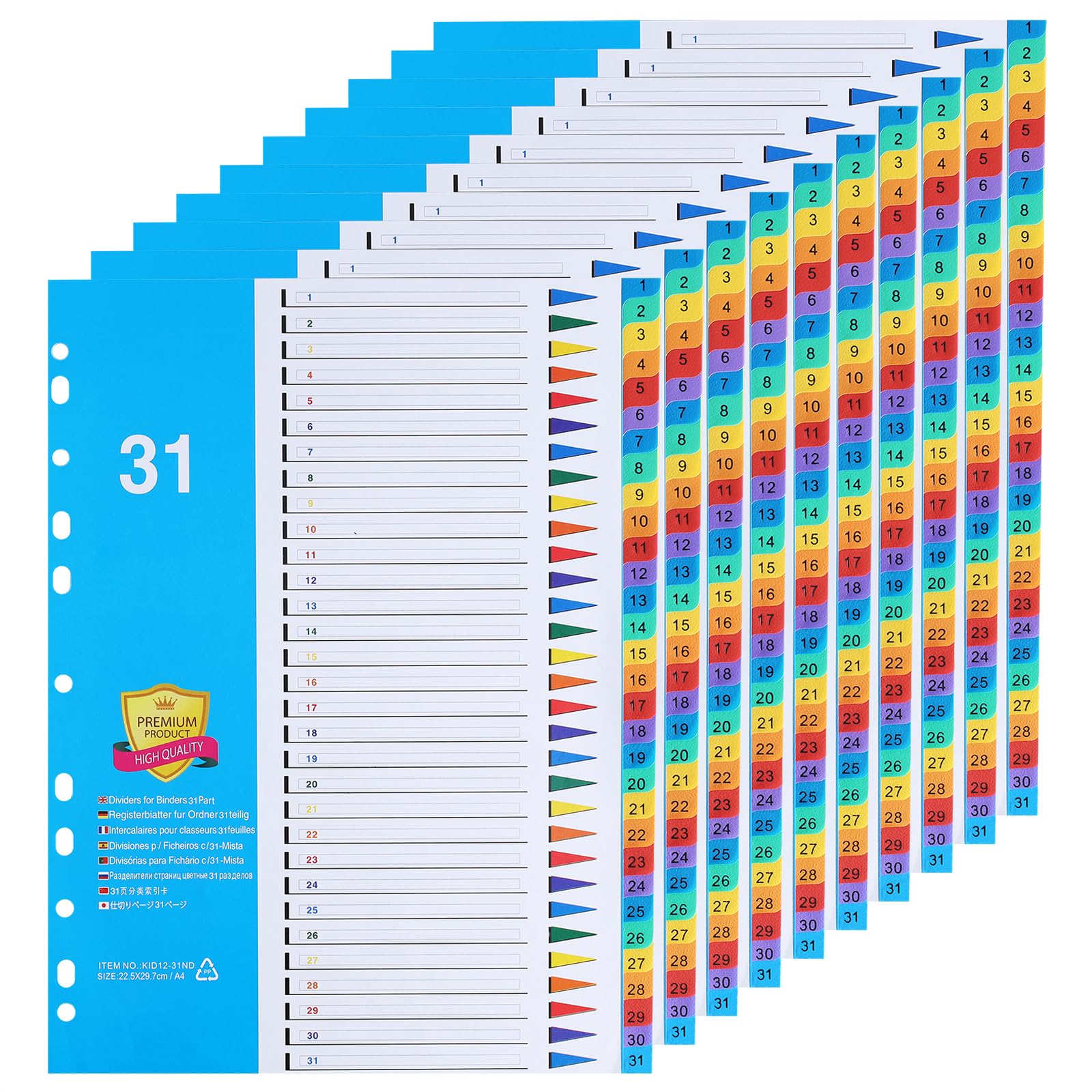 [10 Pack] A4 File Dividers 31 Part Numbered 1-31,Subject Divider with Numbers Multipunched Reinforced Colour Index Tabs for Home Office