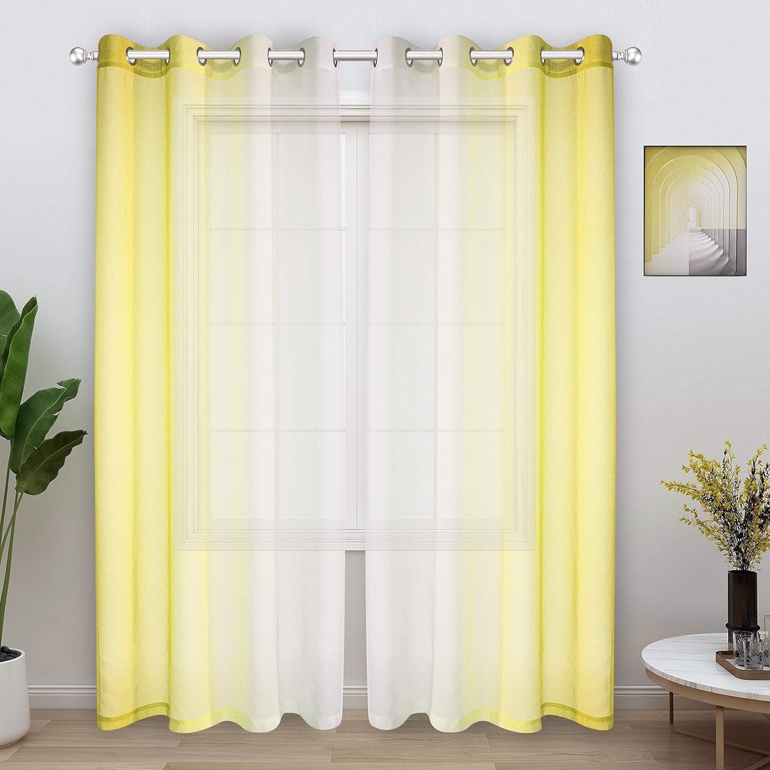 WONTEX Faux Linen 2 Tone Ombre Sheer Curtains for Living Room/ Bedroom, 52 x 84 Inch Long, Yellow and White – Light Filtering and Privacy Gradient Curtain, Grommet Semi Sheer Voile, Set of 2 Panels: Kitchen & Dining